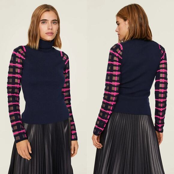 Esteban Cortazar Top Sheer Lattice Sleeve Turtleneck Navy & Pink S - Picture 1 of 9